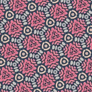 An askew hexagon pattern made with oblong shapes and red, blue, and yellow colors with a dark colored background.